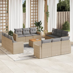13 Pcs conj. sofás jardim c/ almofadões vime PE bege misturado
