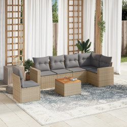 7 Pcs conj. sofás jardim c/ almofadões vime PE bege misturado