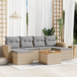 7 Pcs conj. sofás jardim c/ almofadões vime PE bege misturado