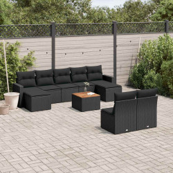 10 Pcs conjunto sofás de jardim c/ almofadões vime PE preto