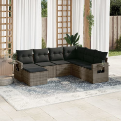 7 Pcs conjunto sofás p/ jardim c/ almofadões vime PE cinzento