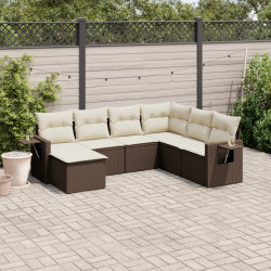 7 Pcs conjunto de sofás jardim c/ almofadões vime PE castanho