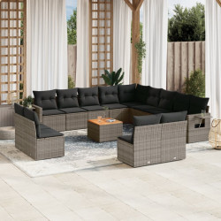14 Pcs conjunto sofás p/ jardim c/ almofadões vime PE cinzento