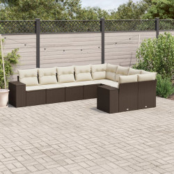 9 Pcs conjunto sofás p/ jardim c/ almofadões vime PE castanho