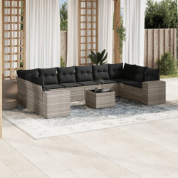 11 Pcs conjunto sofás de jardim c/ almofadões vime PE cinzento