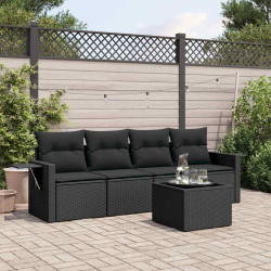 5 Pcs conjunto sofás de jardim com almofadões vime PE preto