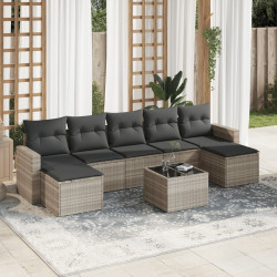 8 Pcs conj. sofás jardim c/ almofadões vime PE cinzento-claro