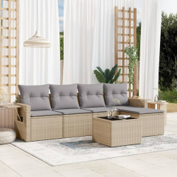 6 Pcs conjunto de sofás p/ jardim com almofadões vime PE bege
