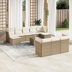 11 Pcs conjunto sofás de jardim c/ almofadões vime PE bege