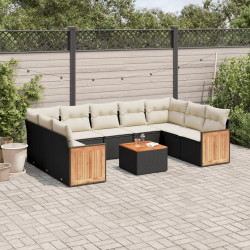 10 Pcs conjunto sofás de jardim c/ almofadões vime PE preto