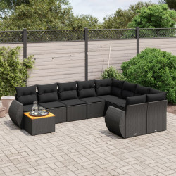 10 Pcs conjunto sofás de jardim c/ almofadões vime PE preto