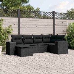 6 Pcs conjunto sofás de jardim c/ almofadões vime PE preto