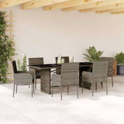 7 Pcs conjunto de jantar p/ jardim c/ almofadões vime PE cinza