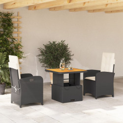 3 Pcs conjunto de jantar p/ jardim c/ almofadões vime PE preto