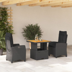 3 Pcs conjunto de jantar p/ jardim c/ almofadões vime PE preto