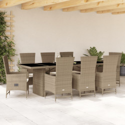 9 Pcs conjunto de jantar p/ jardim com almofadões vime PE bege