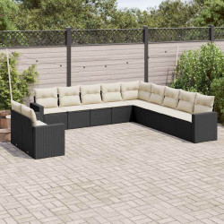 11 Pcs conjunto sofás de jardim c/ almofadões vime PE preto