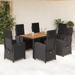 7 Pcs conjunto de jantar p/ jardim c/ almofadões vime PE preto