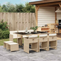 11 Pcs conjunto de jantar p/ jardim com almofadões vime PE bege