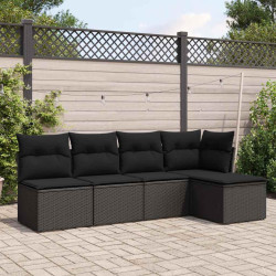 5 Pcs conjunto sofás de jardim com almofadões vime PE preto