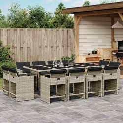 13 Pcs conj. jantar jardim c/ almofadões vime PE cinzento-claro