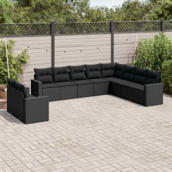 10 Pcs conjunto sofás de jardim c/ almofadões vime PE preto