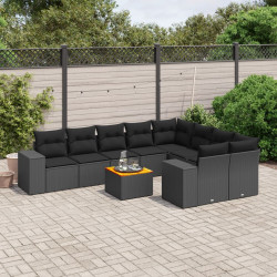 10 Pcs conjunto sofás de jardim c/ almofadões vime PE preto