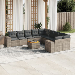 11 Pcs conjunto sofás de jardim c/ almofadões vime PE cinzento