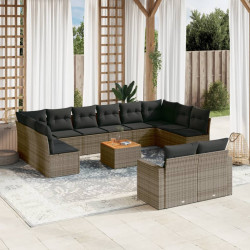 13 Pcs conjunto sofás p/ jardim c/ almofadões vime PE cinzento