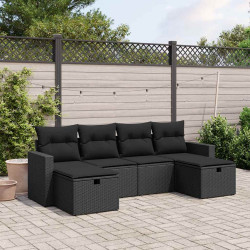 6 Pcs conjunto sofás de jardim c/ almofadões vime PE preto