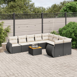 10 Pcs conjunto sofás de jardim c/ almofadões vime PE preto