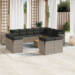 13 Pcs conjunto sofás p/ jardim c/ almofadões vime PE cinzento