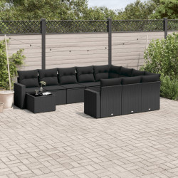 11 Pcs conjunto sofás de jardim c/ almofadões vime PE preto