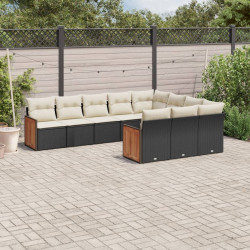 10 Pcs conjunto sofás de jardim c/ almofadões vime PE preto