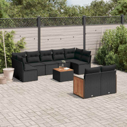 10 Pcs conjunto sofás de jardim c/ almofadões vime PE preto