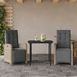 3 Pcs conjunto bistrô com almofadões vime PE cinzento claro