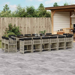 17 Pcs conj. jantar jardim c/ almofadões vime PE cinzento-claro