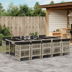 11 Pcs conjunto jantar p/ jardim c/ almofadões vime PE cinzento