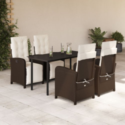 5 Pcs conjunto jantar p/ jardim c/ almofadões vime PE castanho