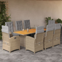 9 Pcs conjunto de jantar p/ jardim com almofadões vime PE bege