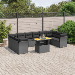 11 Pcs conjunto sofás de jardim c/ almofadões vime PE preto