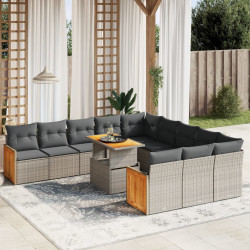 11 Pcs conjunto sofás de jardim c/ almofadões vime PE cinzento