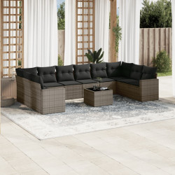 11 Pcs conjunto sofás de jardim c/ almofadões vime PE cinzento