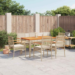 7 Pcs conjunto de jantar p/ jardim com almofadões vime PE bege