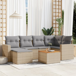 7 Pcs conj. sofás jardim c/ almofadões vime PE bege misturado