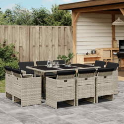 11 Pcs conjunto jantar p/ jardim c/ almofadões vime PE cinzento