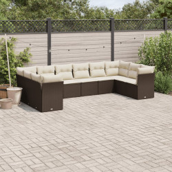 10 Pcs conj. sofás jardim com almofadões vime PE castanho