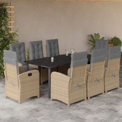 9 Pcs conj. jantar jardim c/ almofadões vime PE bege misturado