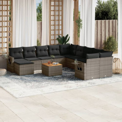 12 Pcs conjunto de sofás jardim c/ almofadões vime PE cinzento