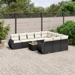 11 Pcs conjunto sofás de jardim c/ almofadões vime PE preto